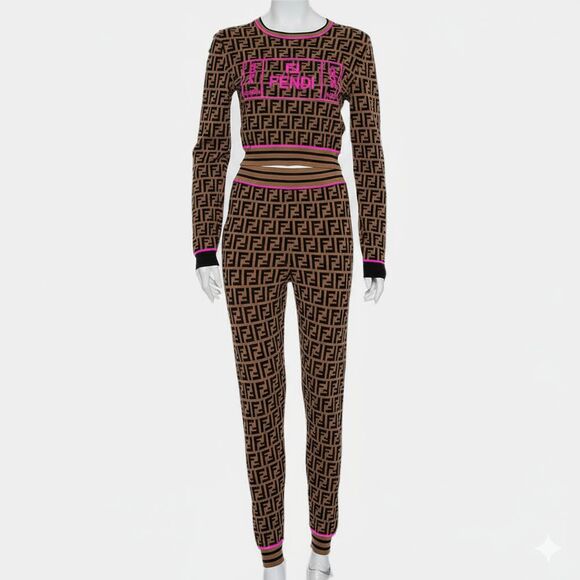 FENDI Brown Zucca Monogram Knit Crop Top & Leggings Set | Size US 4 / IT 40 - Picture 13 of 14